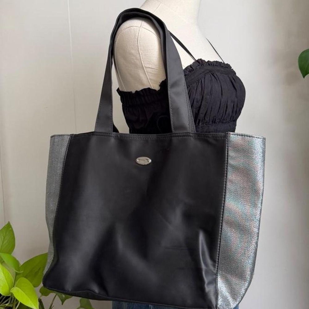 Coach Fragrance Tote Bag Black Nylon Silver Metallic Panel Shoulder Bag